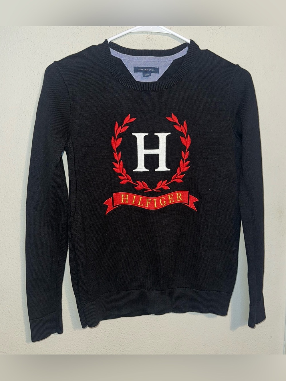 Tommy Hilfiger Black Crewneck Sweater with Red Crest